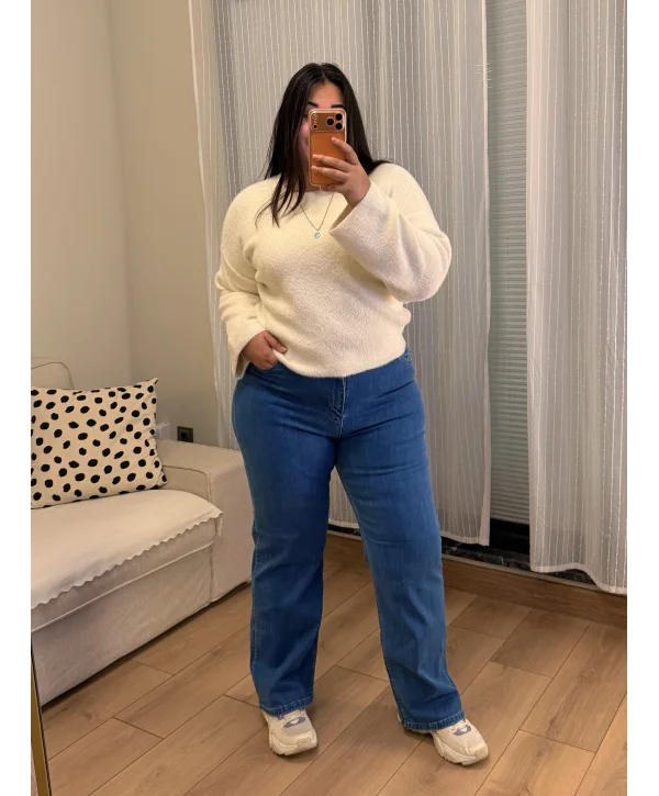 Bel Lastik Detaylı Likralı Boru Paça Kot Pantolon - Mavi