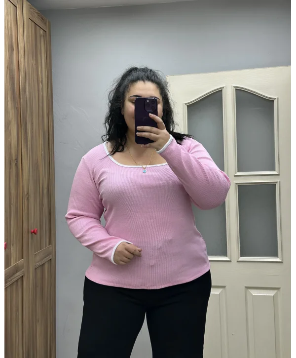 Biyeli Kare Yaka Esnek Triko Bluz - Pembe