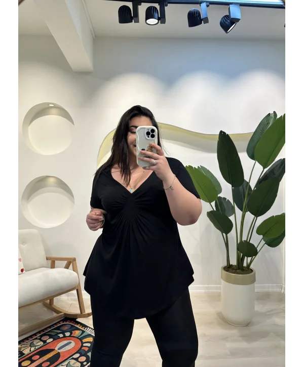 Büzgülü Esnek Penye Bluz - Siyah