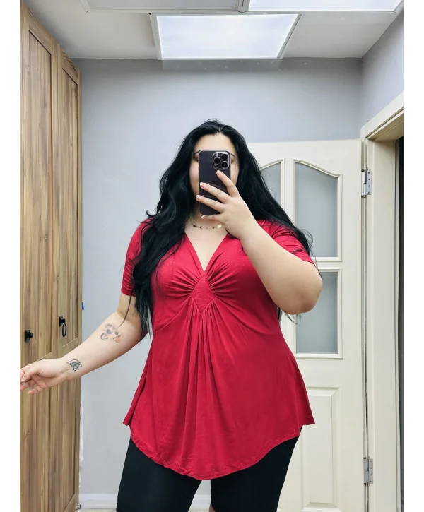 Büzgülü Likralı Penye Bluz - Bordo