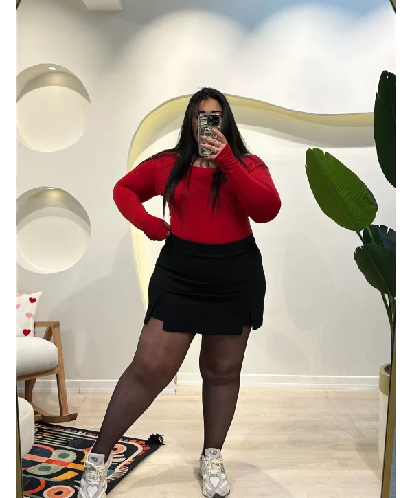 Çift Yırtmaçlı Şortlu Krep Etek - Siyah