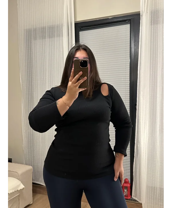 Damla Detay Likralı Triko Bluz - Siyah