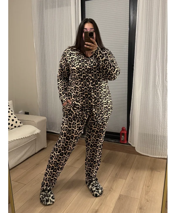 Dantel Detay Likralı Penye Pijama Takımı - Leopar