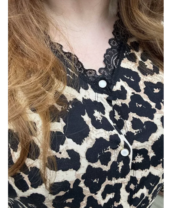 Dantel Detay Likralı Penye Pijama Takımı - Leopar