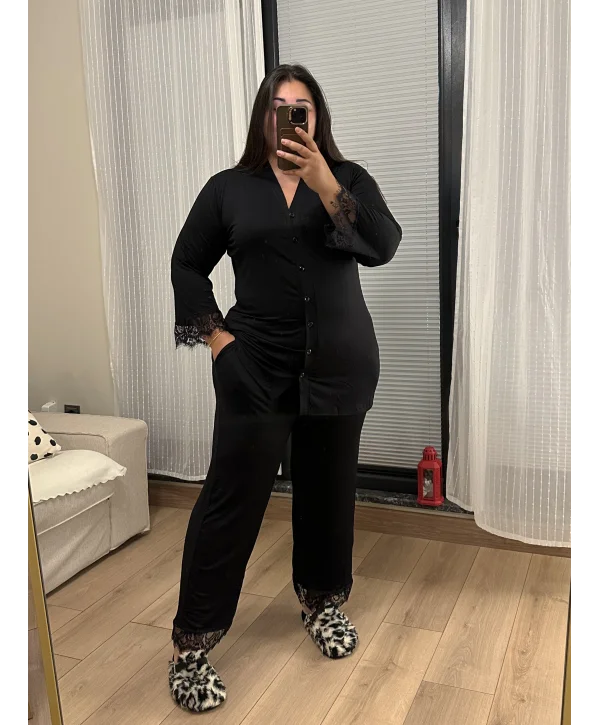 Dantel Detay Likralı Penye Pijama Takımı - Siyah
