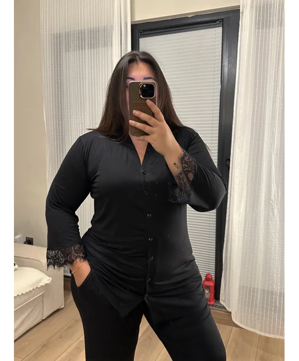 Dantel Detay Likralı Penye Pijama Takımı - Siyah