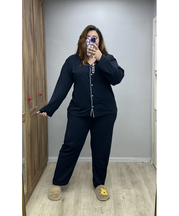 Düğmeli Penye Pijama Takımı - Siyah