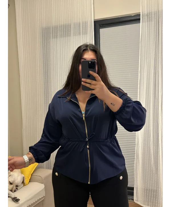 Fermuarlı Lastik Detaylı Bomber Hırka - Lacivert