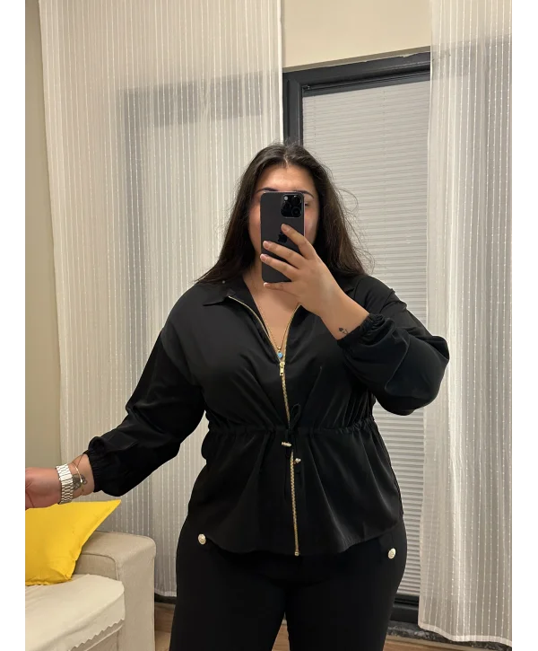 Fermuarlı Lastik Detaylı Bomber Hırka - Siyah