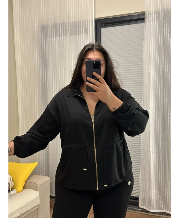 Fermuarlı Lastik Detaylı Bomber Hırka - Siyah