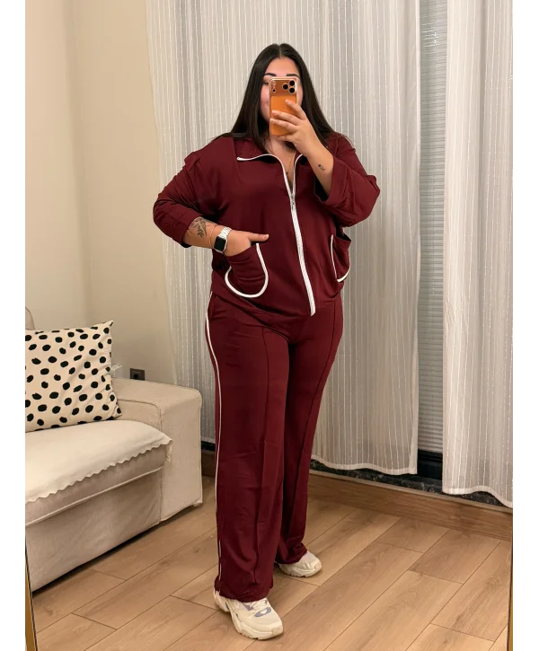 Fermuarlı Şerit Detaylı Esnek Modal Takım - Bordo