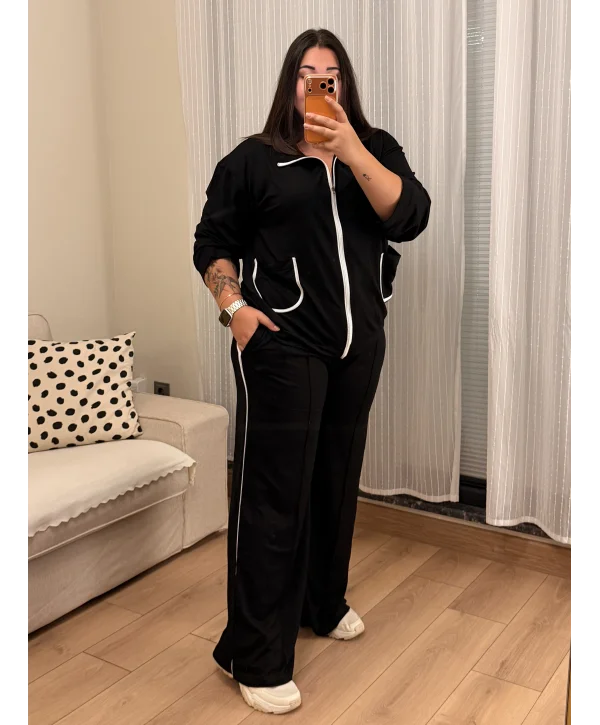 Fermuarlı Şerit Detaylı Esnek Modal Takım - Siyah