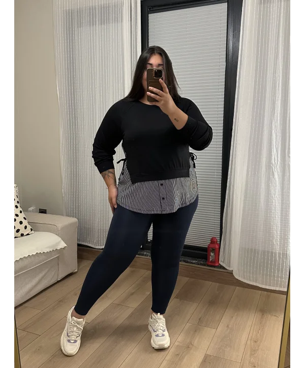 Garnili Yan Büzgü Esnek Penye Bluz - Çizgili