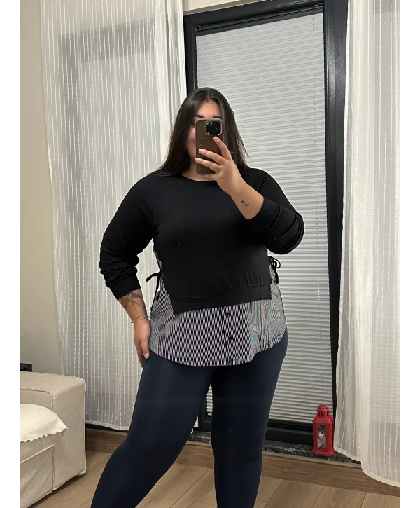 Garnili Yan Büzgü Esnek Penye Bluz - Çizgili