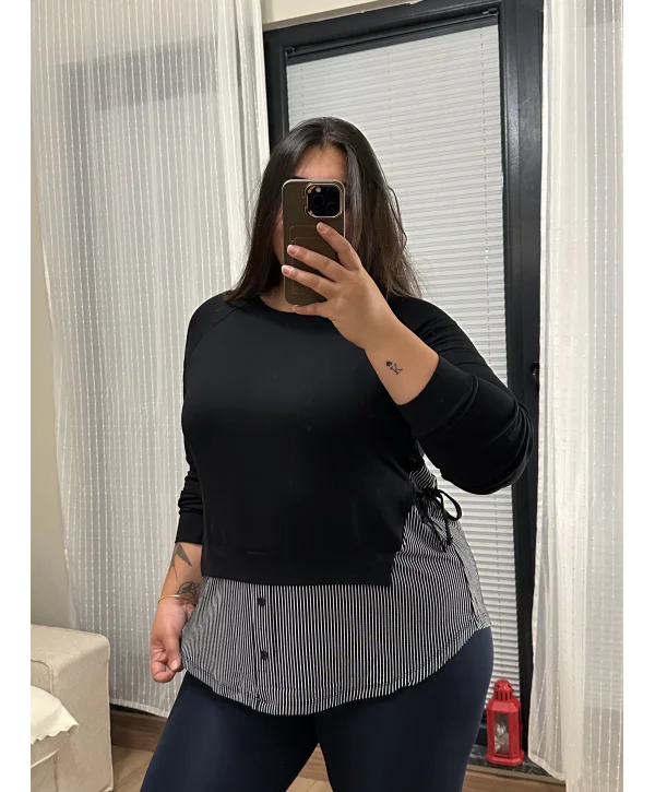 Garnili Yan Büzgü Esnek Penye Bluz - Çizgili