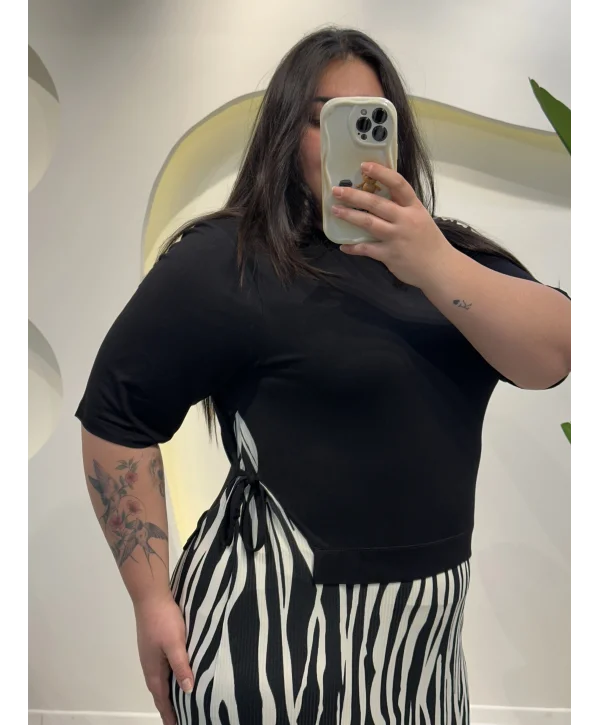 Garnili Yan Büzgü Esnek Penye Elbise - Zebra Desen