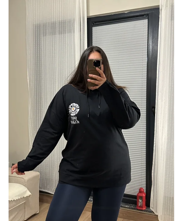Geniş Kalıp 2 İplik Kapüşonlu Sweatshirt - Siyah Papatya
