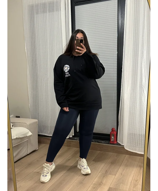 Geniş Kalıp 2 İplik Kapüşonlu Sweatshirt - Siyah Papatya