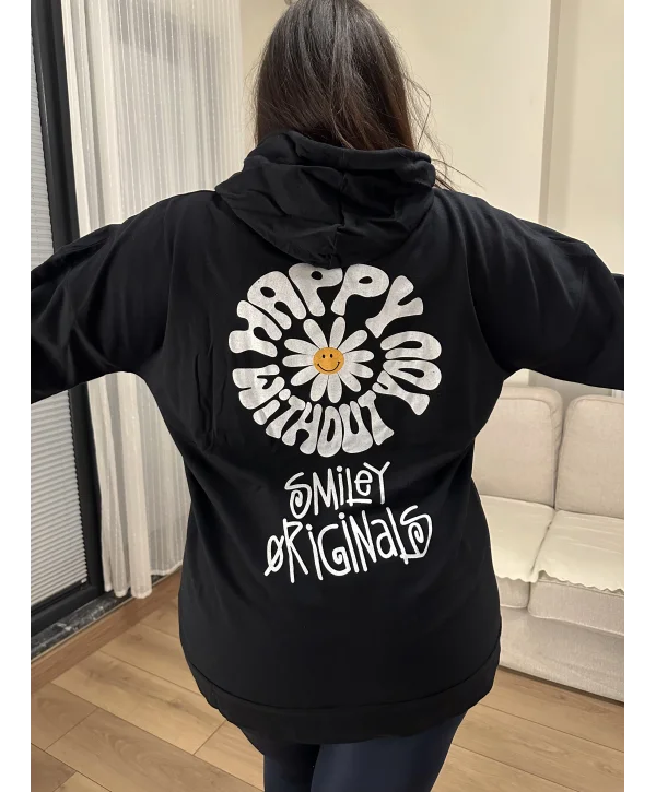 Geniş Kalıp 2 İplik Kapüşonlu Sweatshirt - Siyah Papatya