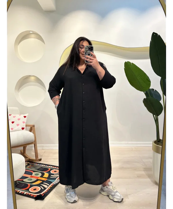 Geniş Kesim Ayrobin Gömlek Elbise - Siyah