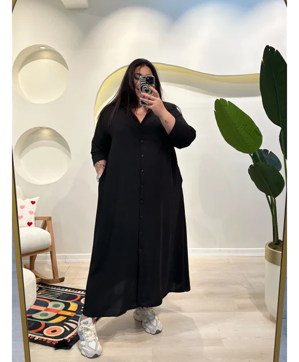 Geniş Kesim Ayrobin Gömlek Elbise - Siyah