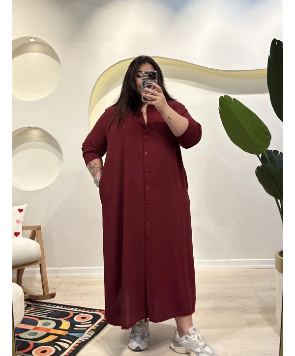 Geniş Kesim Ayrobin Gömlek Elbise - Bordo