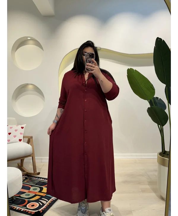Geniş Kesim Ayrobin Gömlek Elbise - Bordo