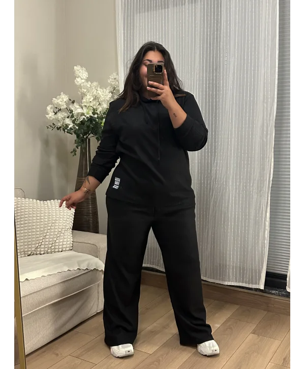Geniş Kesim Esnek Kapüşonlu Fitilli Takım - Siyah