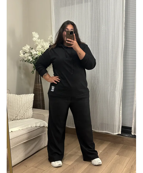 Geniş Kesim Esnek Kapüşonlu Fitilli Takım - Siyah