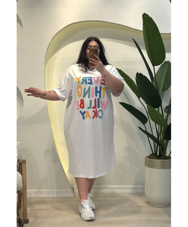 Geniş Kesim Pamuklu Penye Tişört Elbise - Beyaz Rainbow