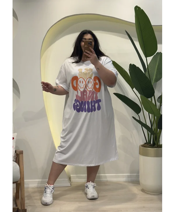 Geniş Kesim Pamuklu Penye Tişört Elbise - Beyaz Smile