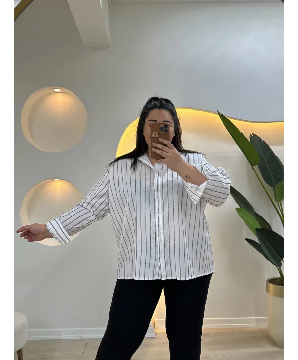 Geniş Kesim Pamuklu Tensel Gömlek - Beyaz Çizgili