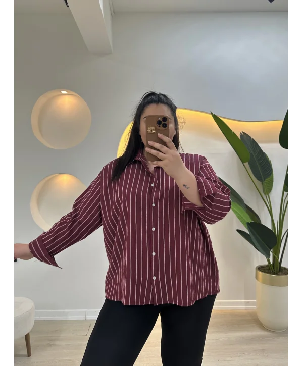 Geniş Kesim Pamuklu Tensel Gömlek - Bordo Çizgili
