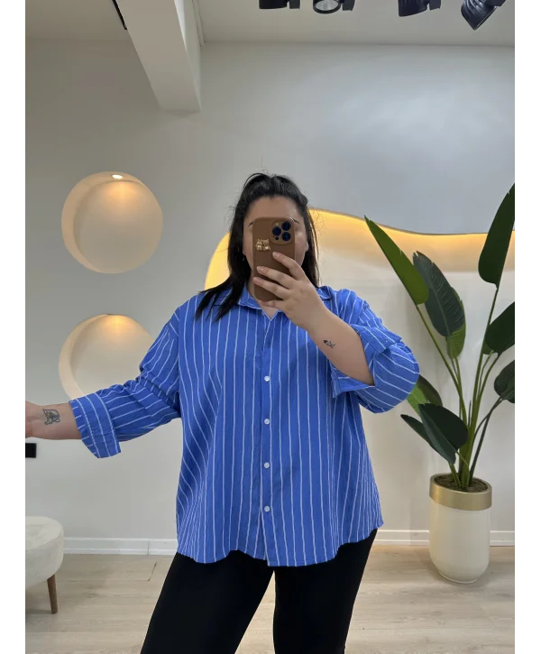 Geniş Kesim Pamuklu Tensel Gömlek - Mavi Çizgili