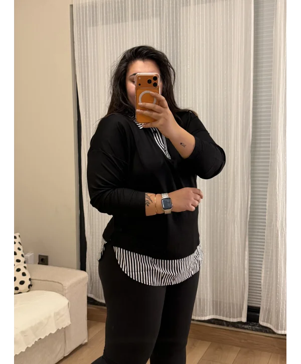 Gömlek Yaka Çizgili Esnek Bluz - Siyah