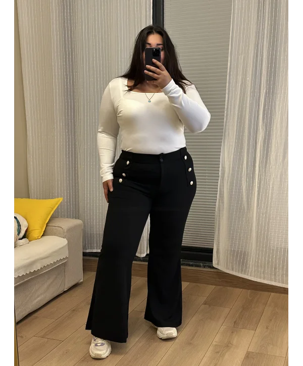 İspanyol Paça Düğme Detaylı Esnek Pantolon - Siyah