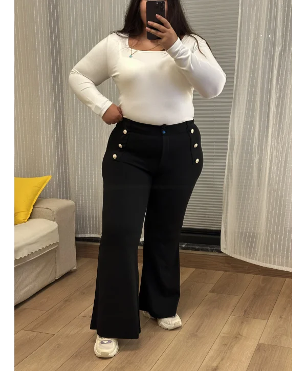 İspanyol Paça Düğme Detaylı Esnek Pantolon - Siyah