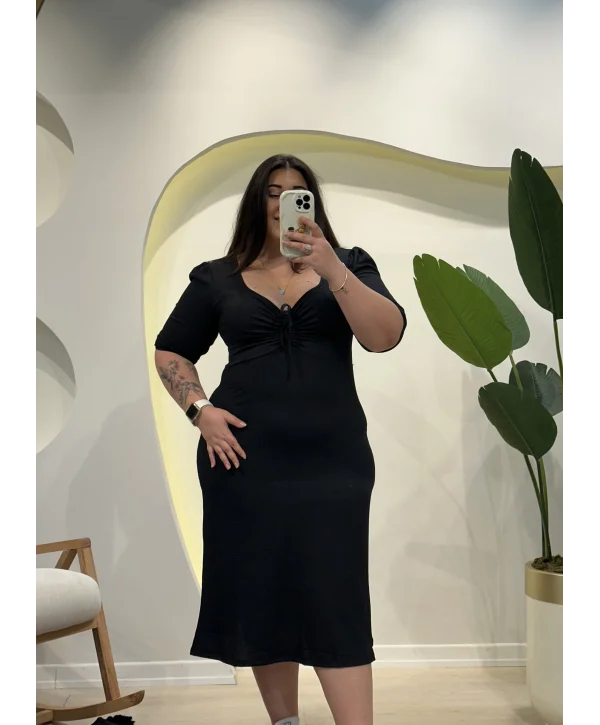 Kalp Yaka İpli Bürümcük Elbise - Siyah