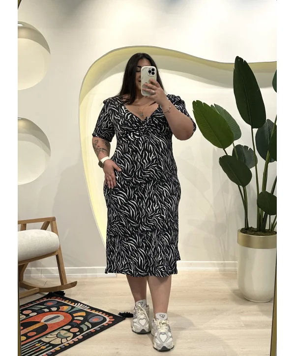Kalp Yaka İpli Bürümcük Elbise - Zebra Desen