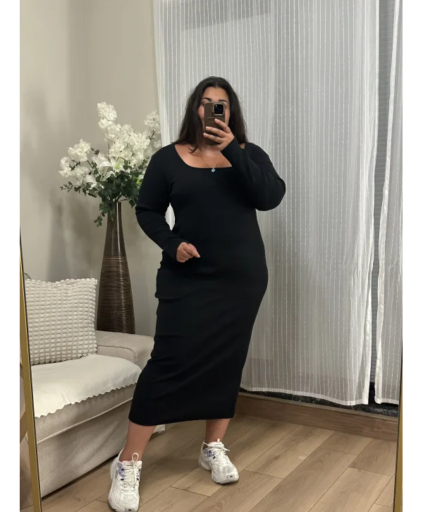 Kare Yaka Triko Likralı Elbise - Siyah