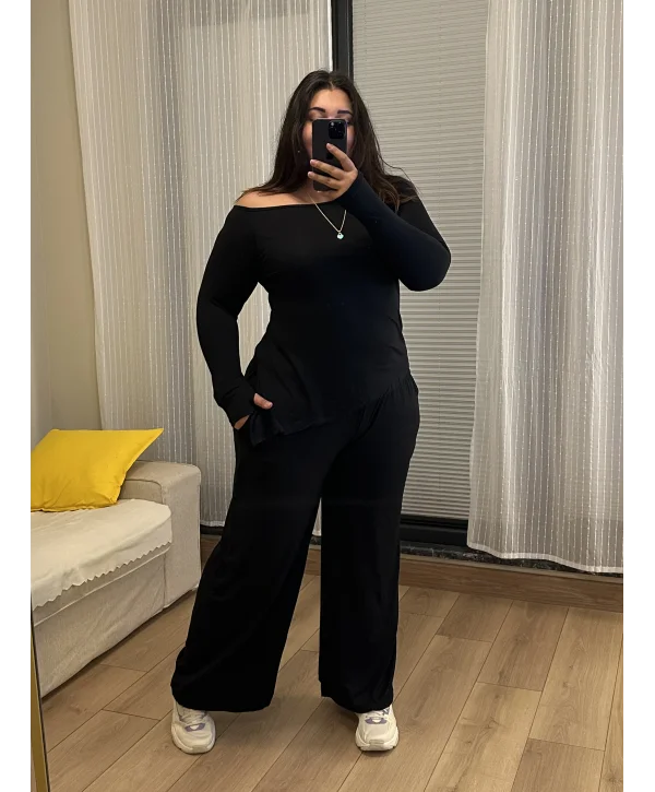Kayık Yaka Esnek Modal Takım - Siyah