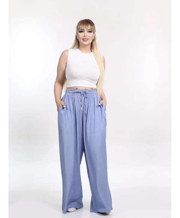 Kot Görünümlü Tensel Palazzo Pantolon - Mavi