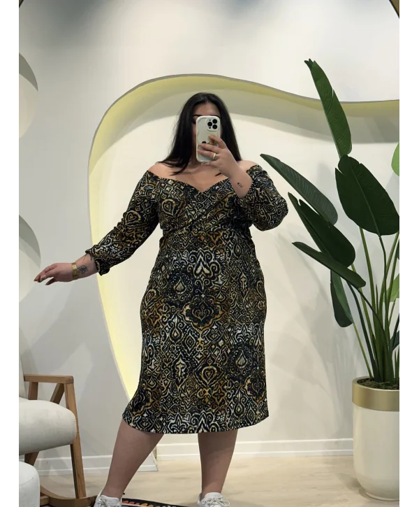 Kruvaze Yaka Esnek Bürümcük Elbise - Antik