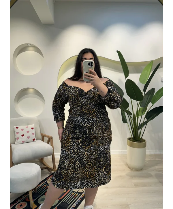 Kruvaze Yaka Esnek Bürümcük Elbise - Antik