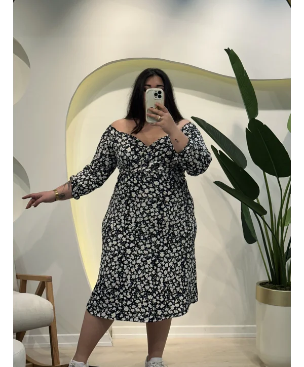 Kruvaze Yaka Esnek Bürümcük Elbise - Siyah Papatya