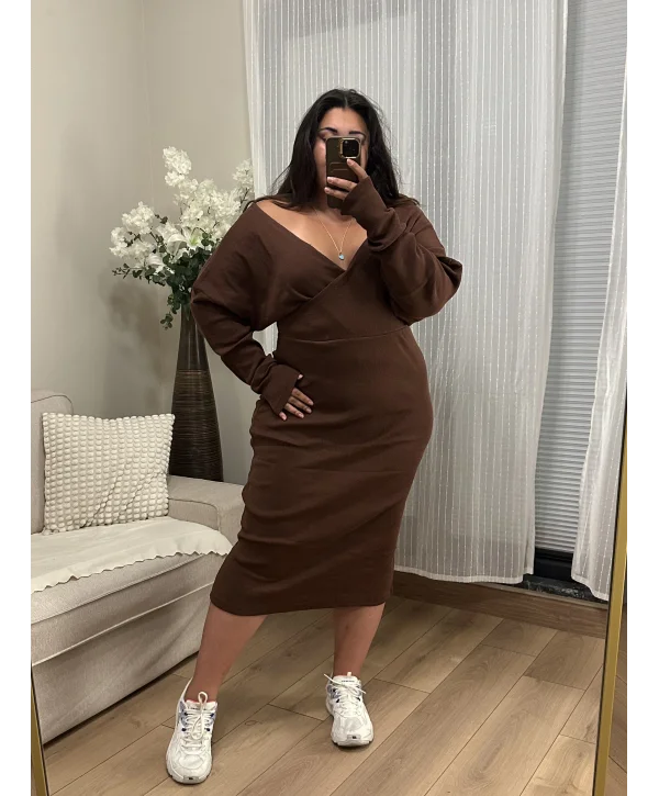 Kruvaze Yaka Esnek Triko Elbise - Kahverengi