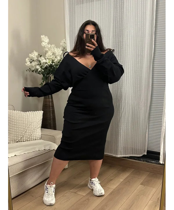 Kruvaze Yaka Esnek Triko Elbise - Siyah