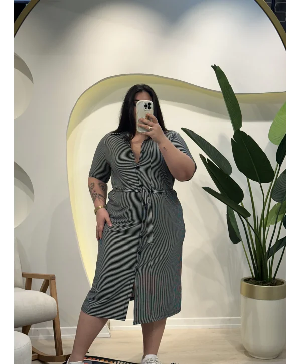 Kuşaklı Esnek Gömlek Elbise - Çizgili