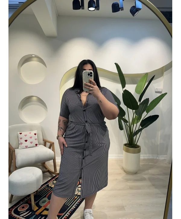 Kuşaklı Esnek Gömlek Elbise - Çizgili