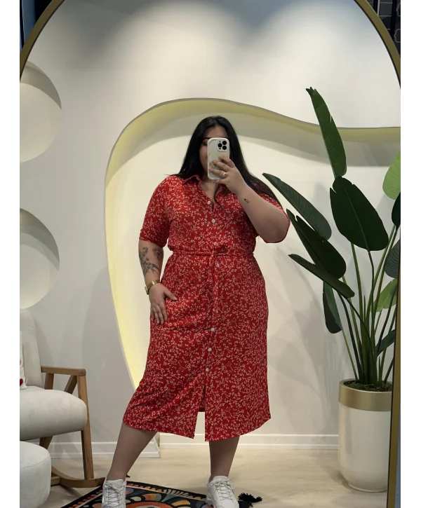 Kuşaklı Esnek Gömlek Elbise - Kırmızı Çiçekli
